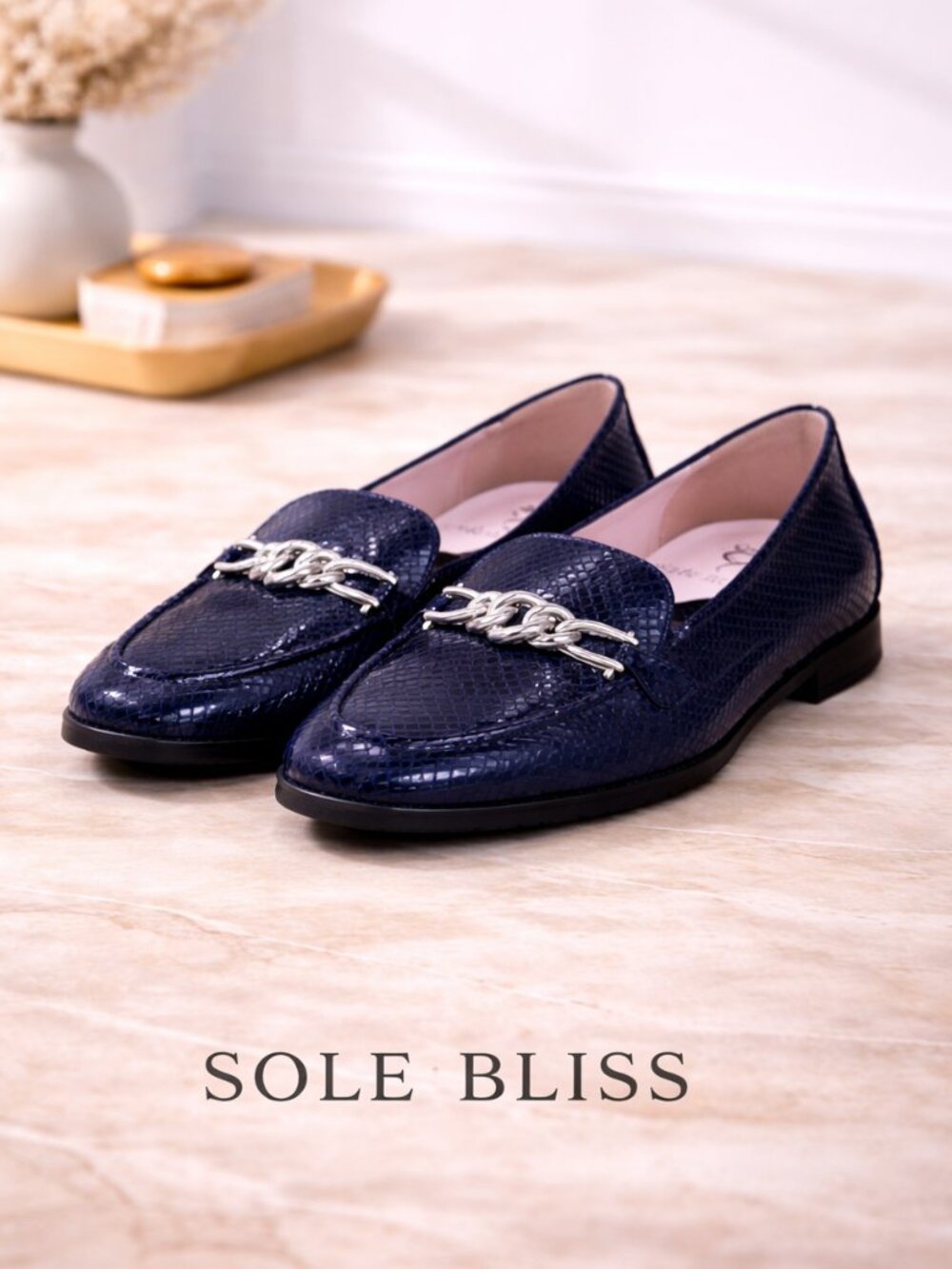 Sole Bliss Snake Print Loafers 7 7.5 Wide Navy Blue Comfort Slip On Shoe